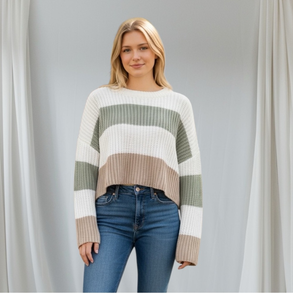 moon & madison Colorblock Sweater - White, Green, and Brown
